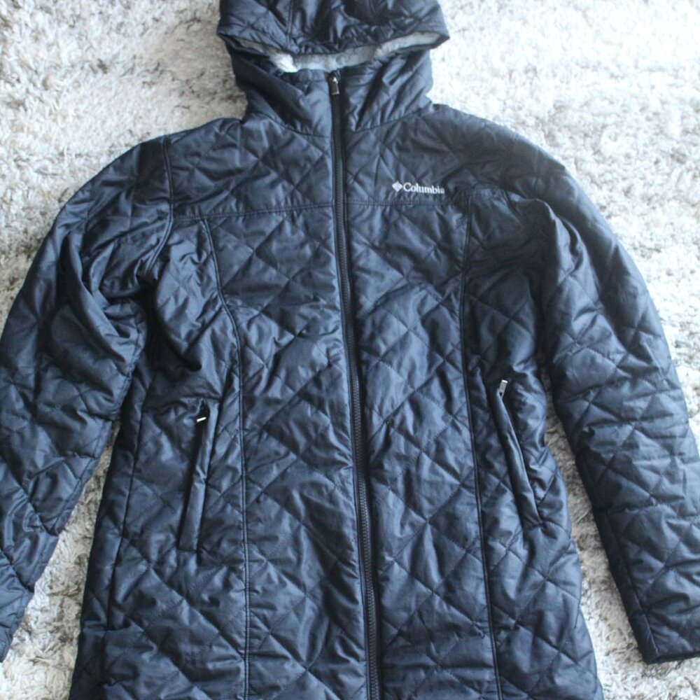 Columbia Women's M Black Quilted Puffer Fleece Lined Hooded Full Zip Jacket EUC